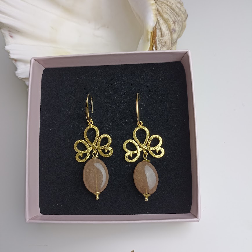 14k vergulde oorbellen chandelier bruine agaat