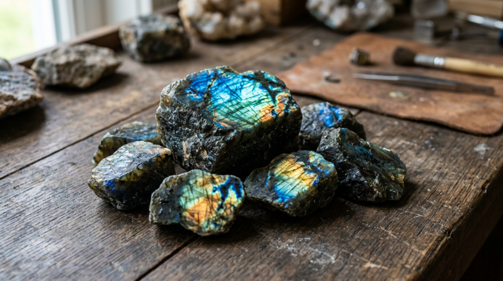 Polished labradorite stones with blue and orange iridescent flashes on wooden table